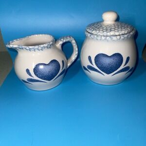 Heart Decor Cottage Core Creamer Sugar Jar Set 90s Kitchen Blue Sponge
